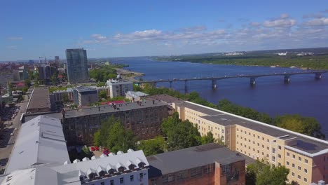 aerial view of a russian city with river and bridge