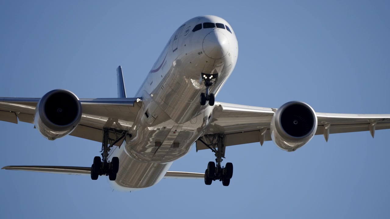 Wide body commercial aircraft on final approach front view
