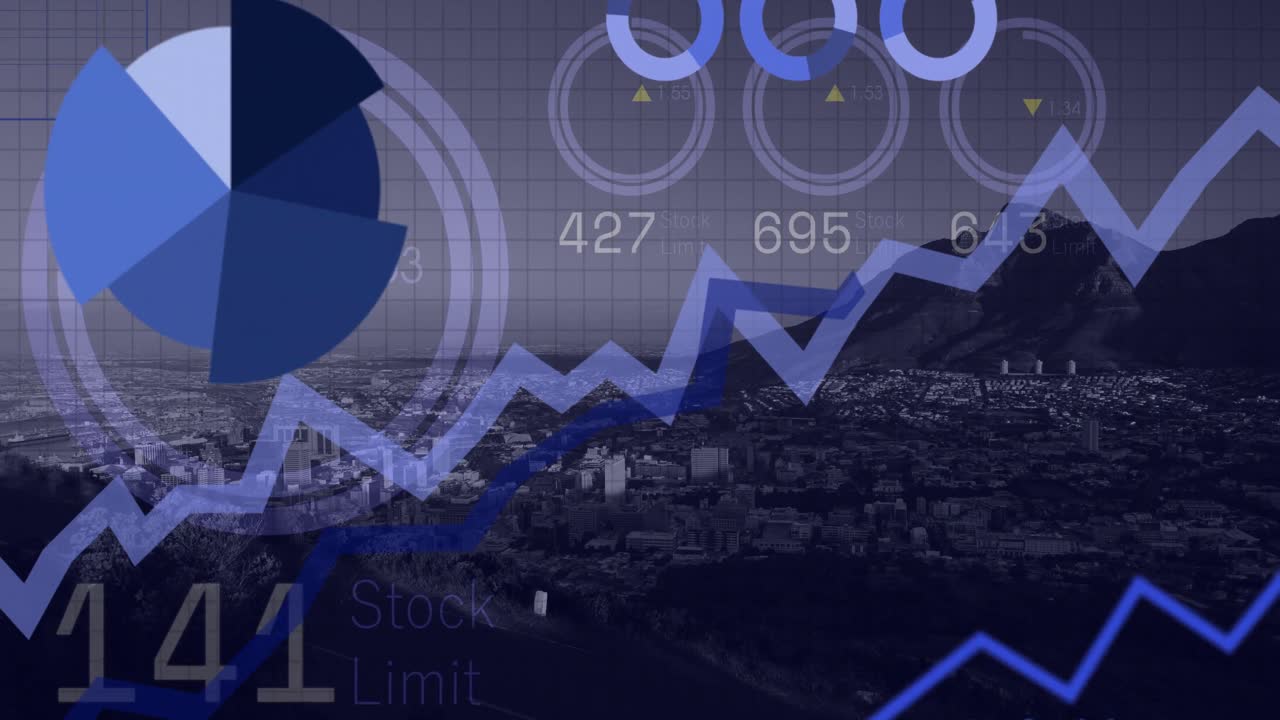 animación del procesamiento de datos financieros sobre la ciudad
