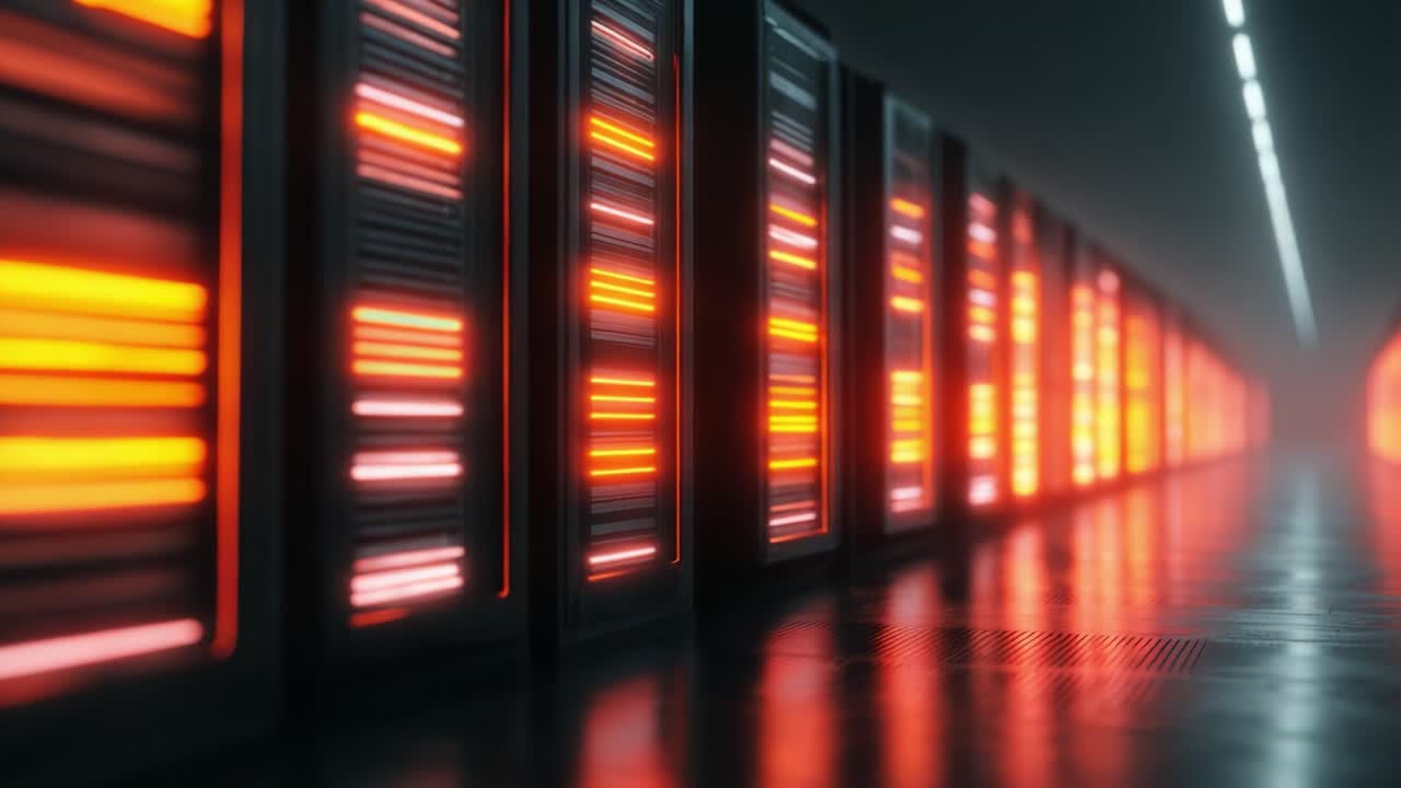 A Futuristic Data Center Corridor Illuminated by Pulsating Red Lights, Showcasing Advanced Server Technology and a High-Tech Environment for Modern Computing Infrastructure