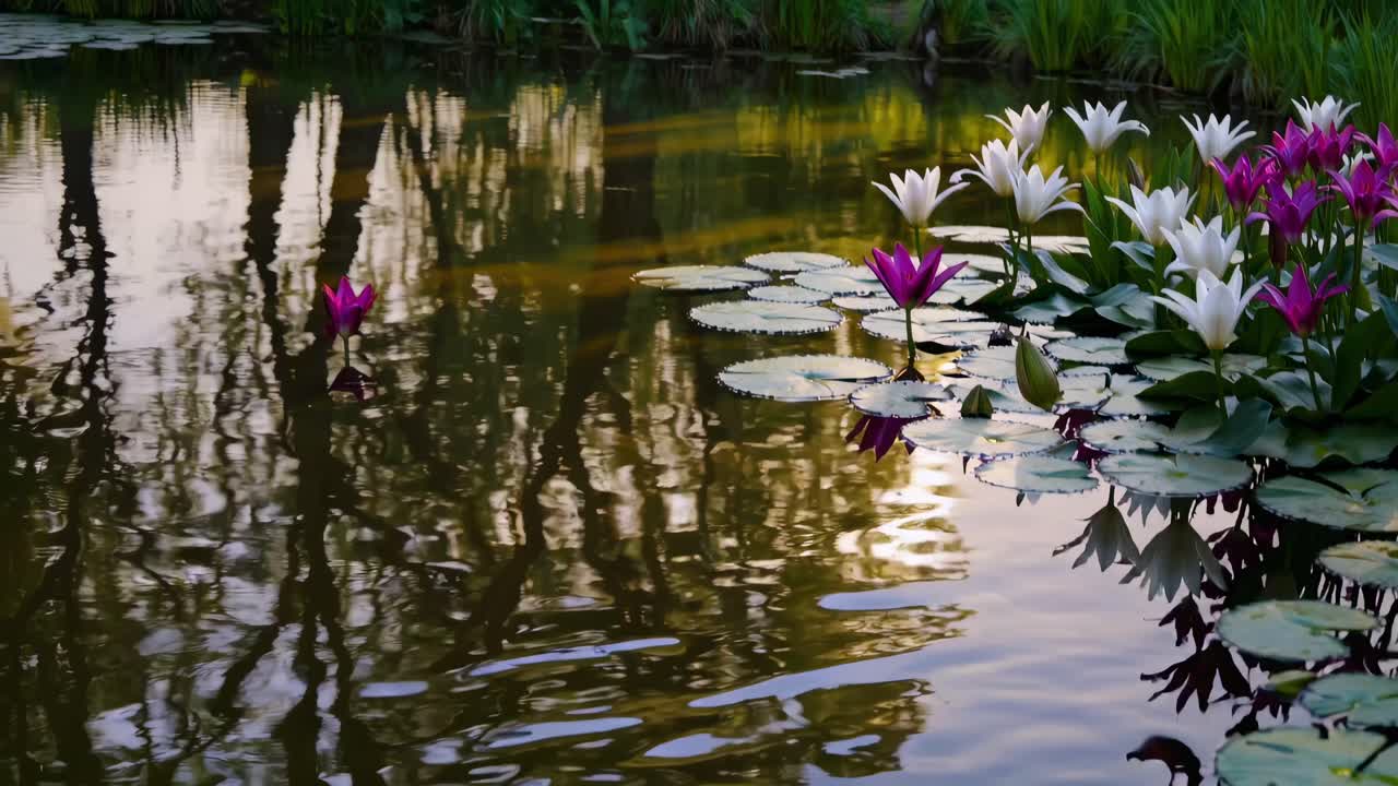 En rolig dam med blomstrende liljer tatt i øyehøyde, som reflekterer trær og grønt