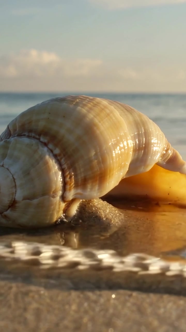 Vertical video: Lapping incoming wave at spiral seashell on beach, wetting shell, leaving bubbles
