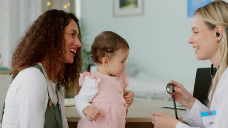 stethoscope, healthcare and doctor with baby