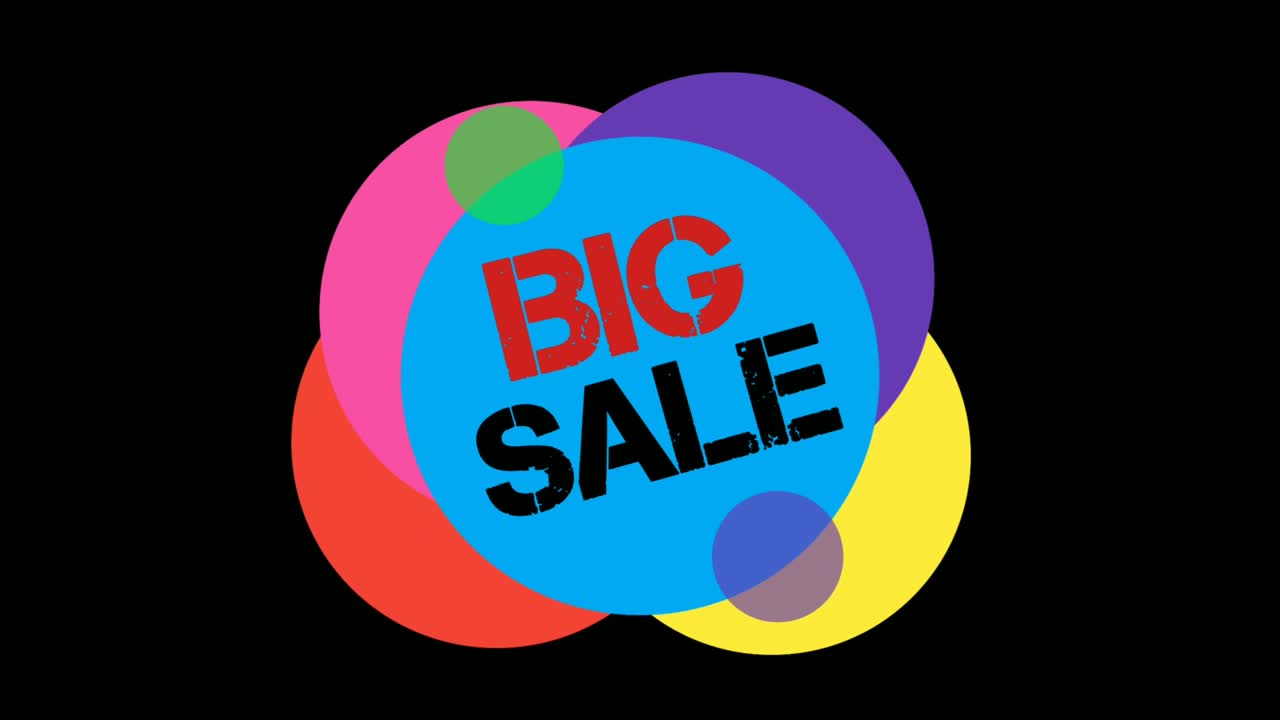 venta grande estilo plano pegatina pancarta colorida etiqueta pop-up animación promocional 4k. venta, descuentos, ofertas, ofertas especiales o evento de viernes negro