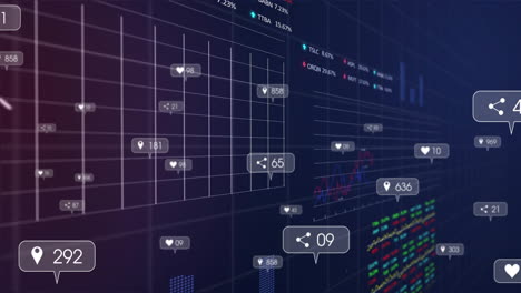 social media engagement icons animation over financial data charts and graphs