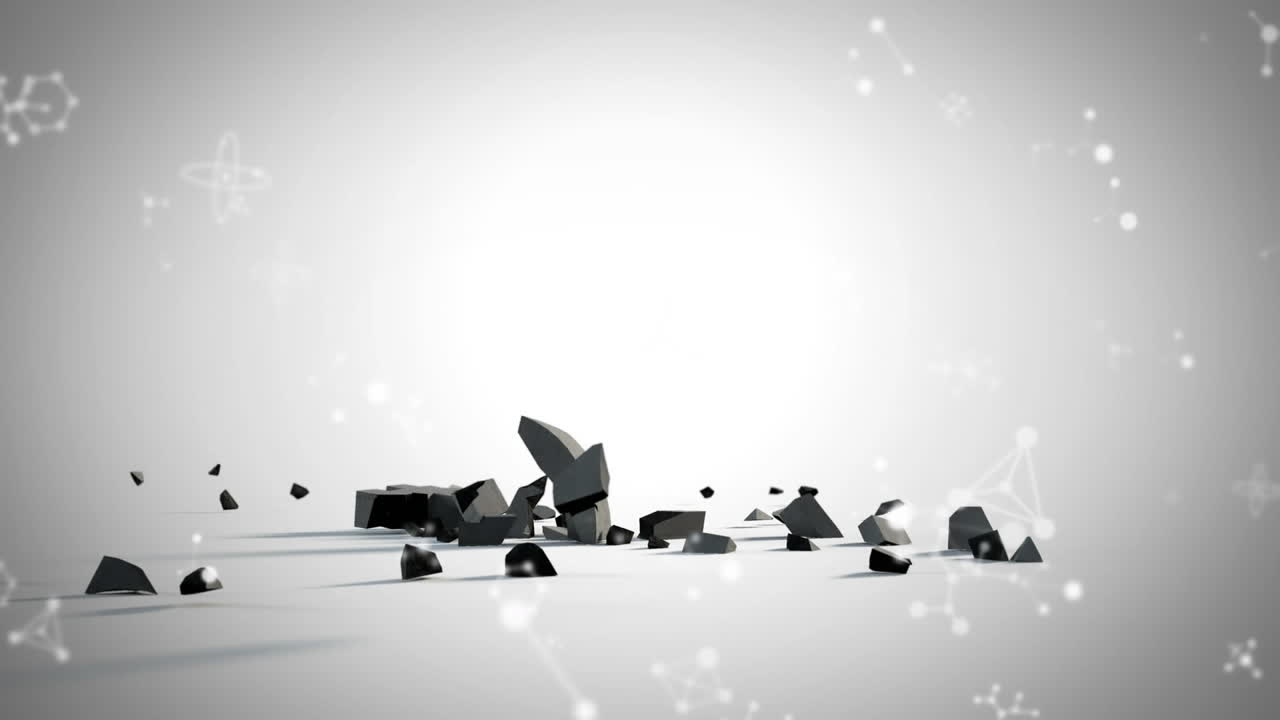 유로 화폐 상징 위에 떠다니는 분자 구조가 회색 배경에 떨어지고 부서집니다.