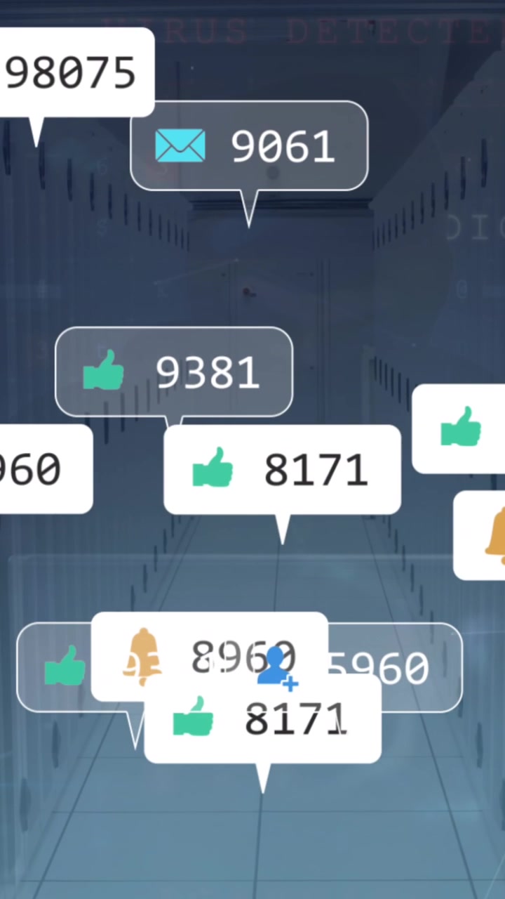 Social media icons and notifications processing data over computer server room