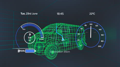 animation of speedometers, changing numbers, arrow on map pattern over 3d model of van