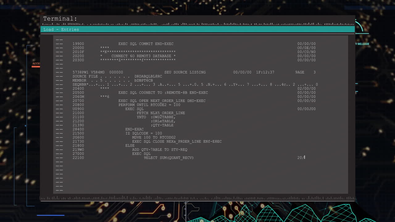 animacja przetwarzania danych na płycie obwodowej komputera na czarnym tle