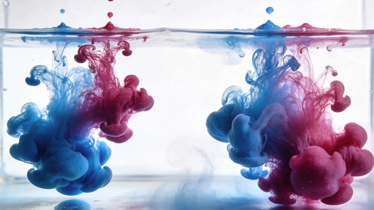 Penetrating blue and magenta droplets forming billowing plumes in glass tank for mixing study