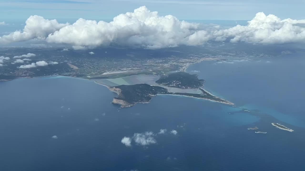 Aerial view of Ibiza Island taken from a cockpit in a winter’s afternoon