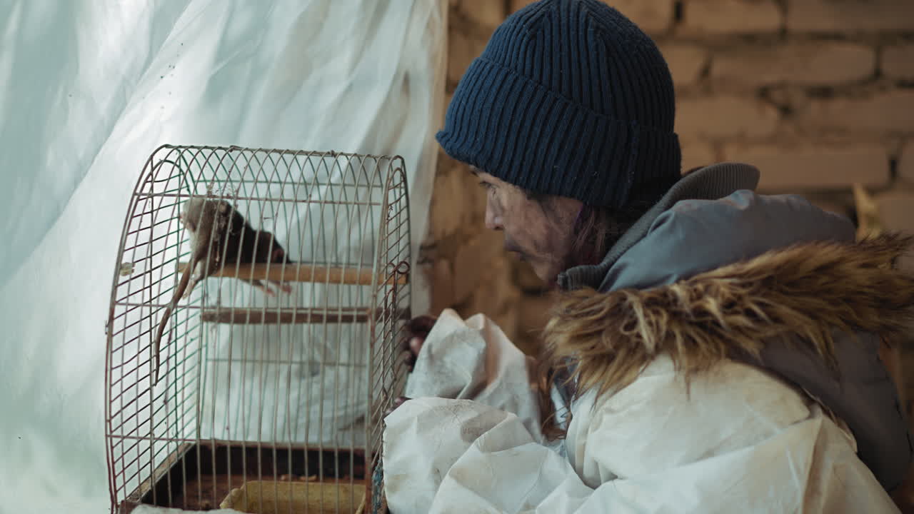 Survivor in winter coat and knit hat closely observes rat climbing metal bars inside old rusted cage set against brick wall, highlighting moment of quiet focus