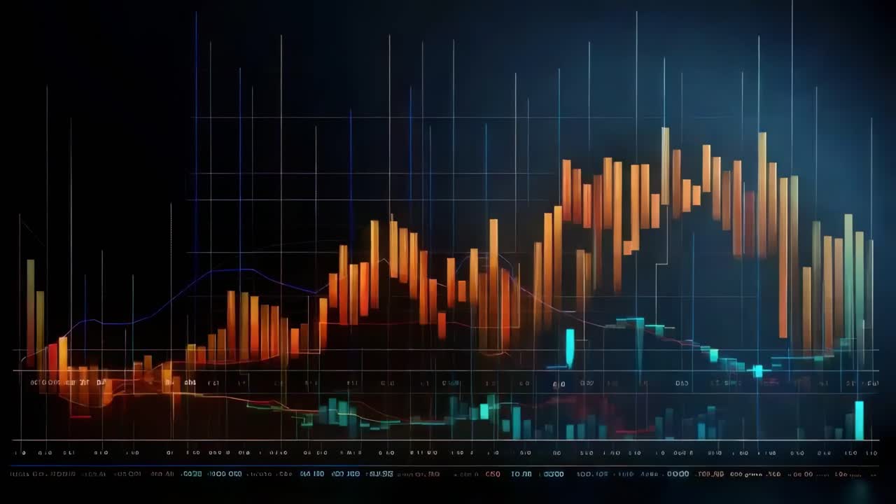 Dynamic video of colorful financial graphs and charts, viewed from a high angle, showcasing data