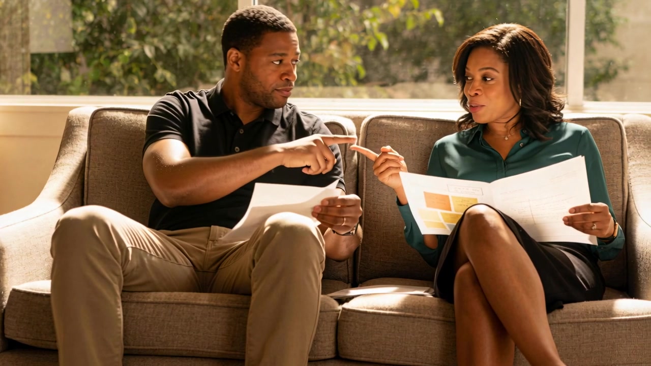 Glancing at swatches couple in black polo, teal blouse pointing, pen-marking choices on beige sofa
