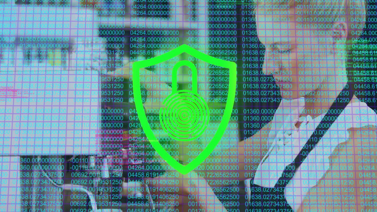 woman using smartphone overlaying code digits while displaying security shield icon in technology