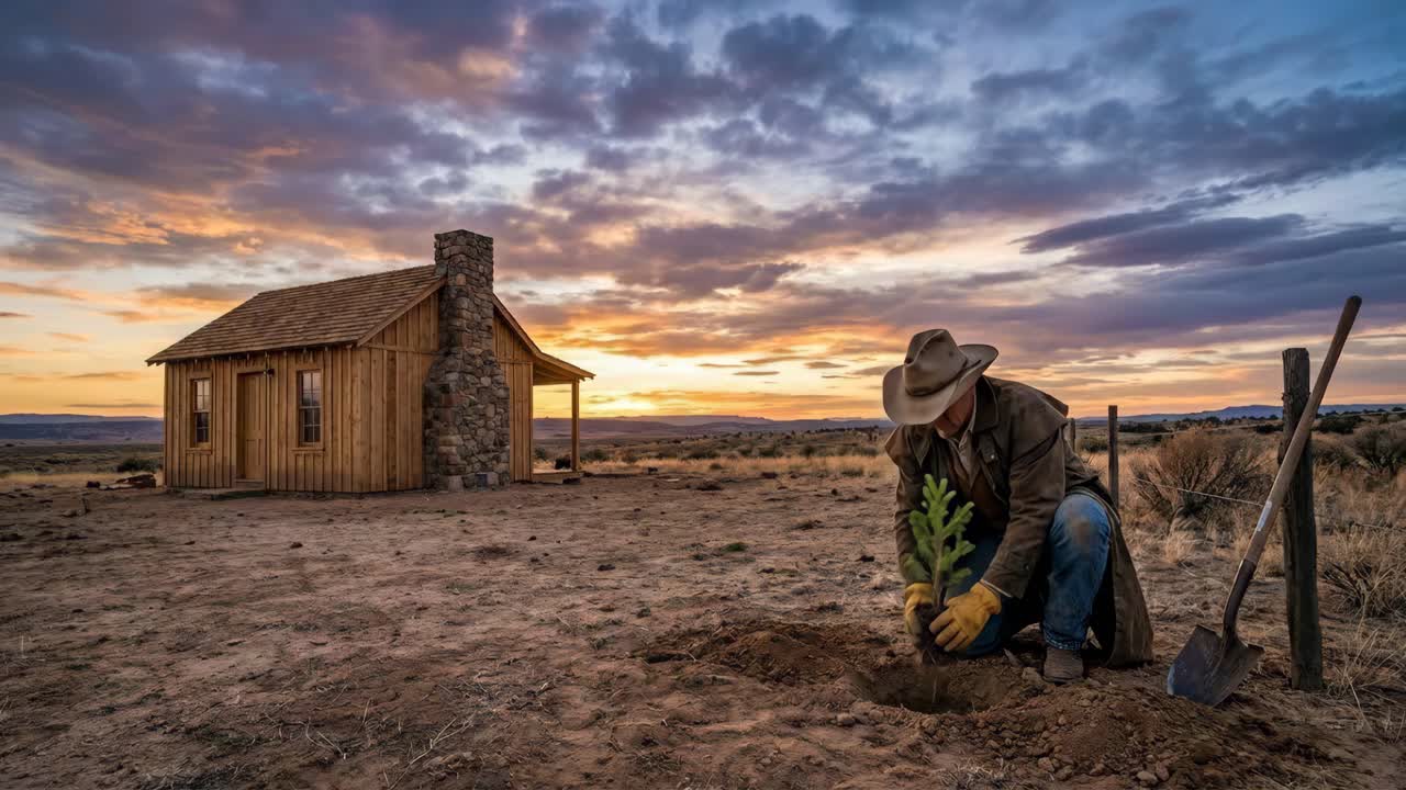 Cowboy planter et træ ved solnedgang nær en hytte