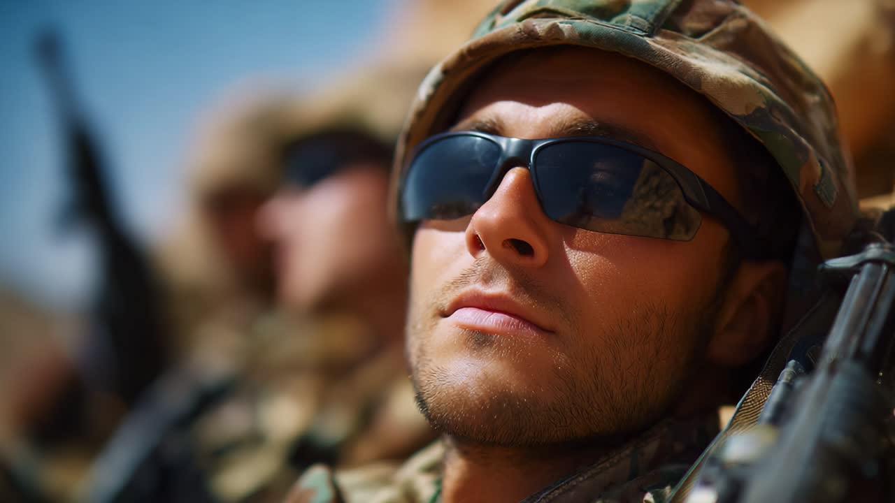 Close-up of a Soldier in Sunglasses: A Study of Focus and Determination Amongst Fellow Military Personnel in Camouflage Gear, Emphasizing Strength, Camaraderie, and the Spirit of Service