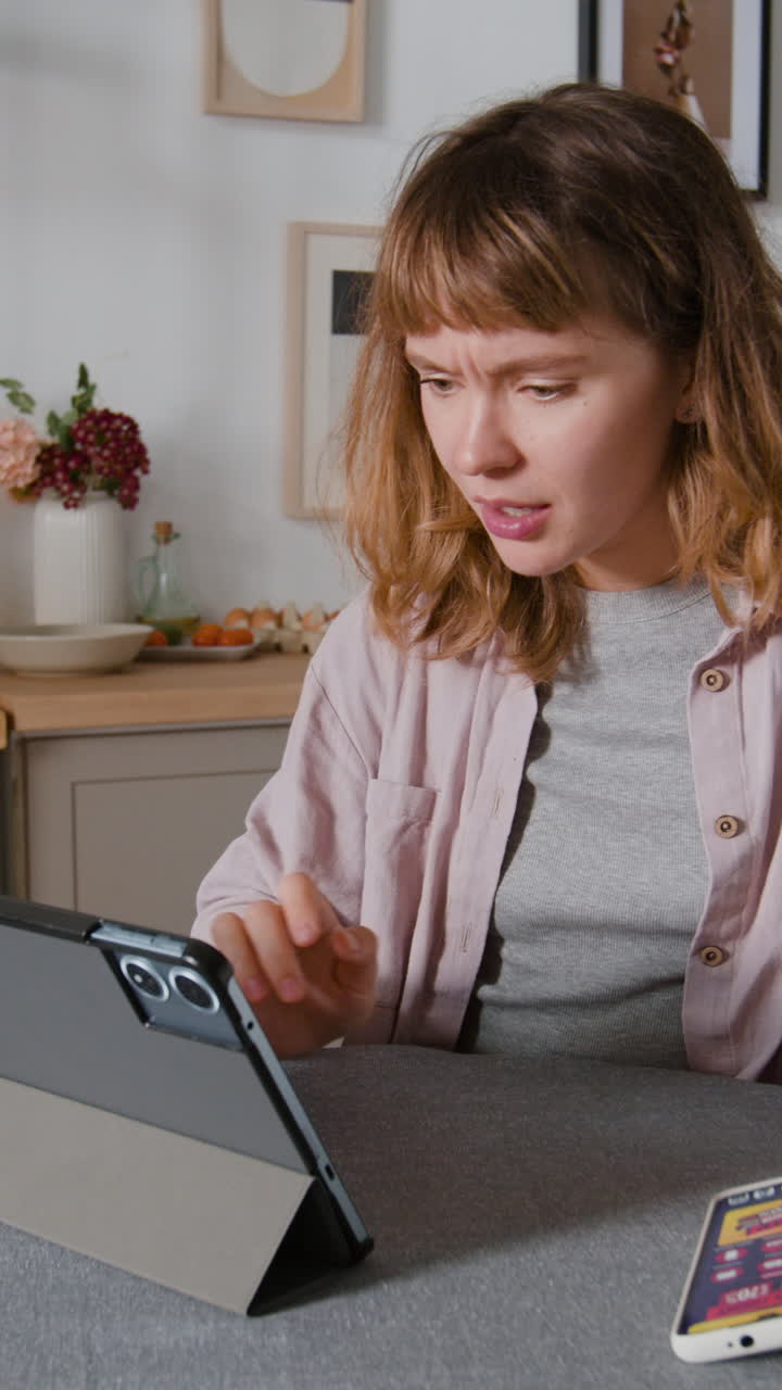 Woman using tablet and smartphone in kitchen
