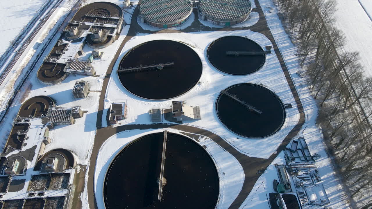 Aerial of large sewage water treatment plant in winter