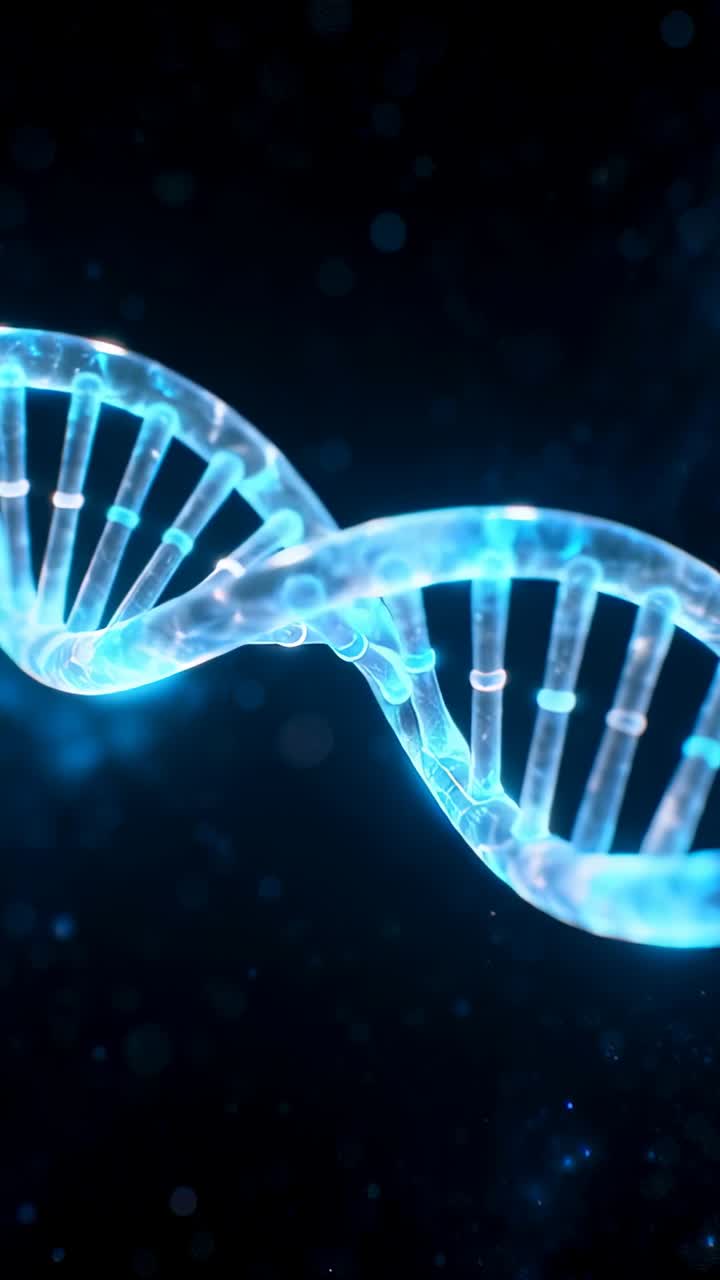 Video verticale: Elica di DNA ciano rotante che ondeggia con fotogrammi che avanzano su un piano di laboratorio, rivelando i gradini.