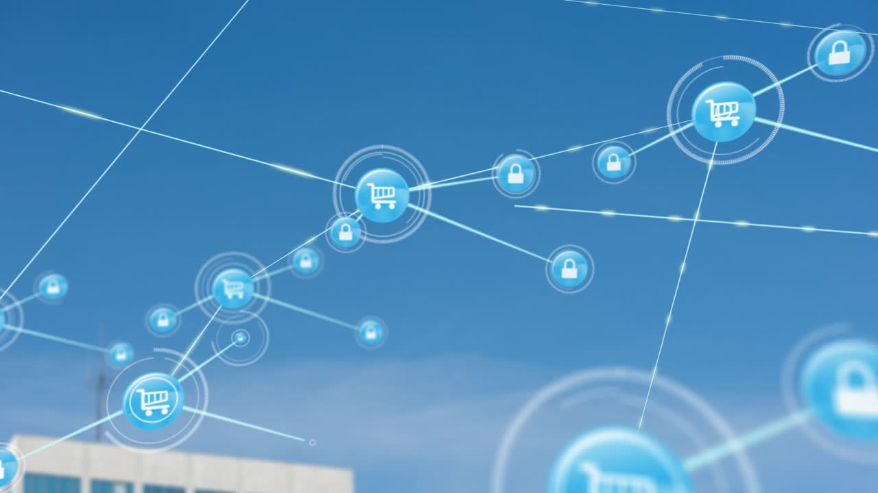 푸른 하늘을 배경으로 높은 건물의 공중 뷰 위에 디지털 아이콘의 네트워크의 애니메이션