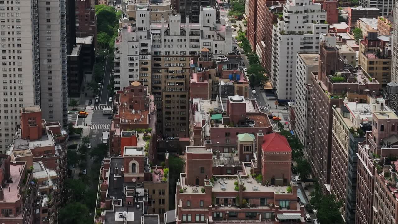 Vibrant cityscape view of bustling New York from drone perspective