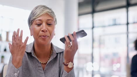 Speaker,-phone-call-and-senior-woman-talking-to