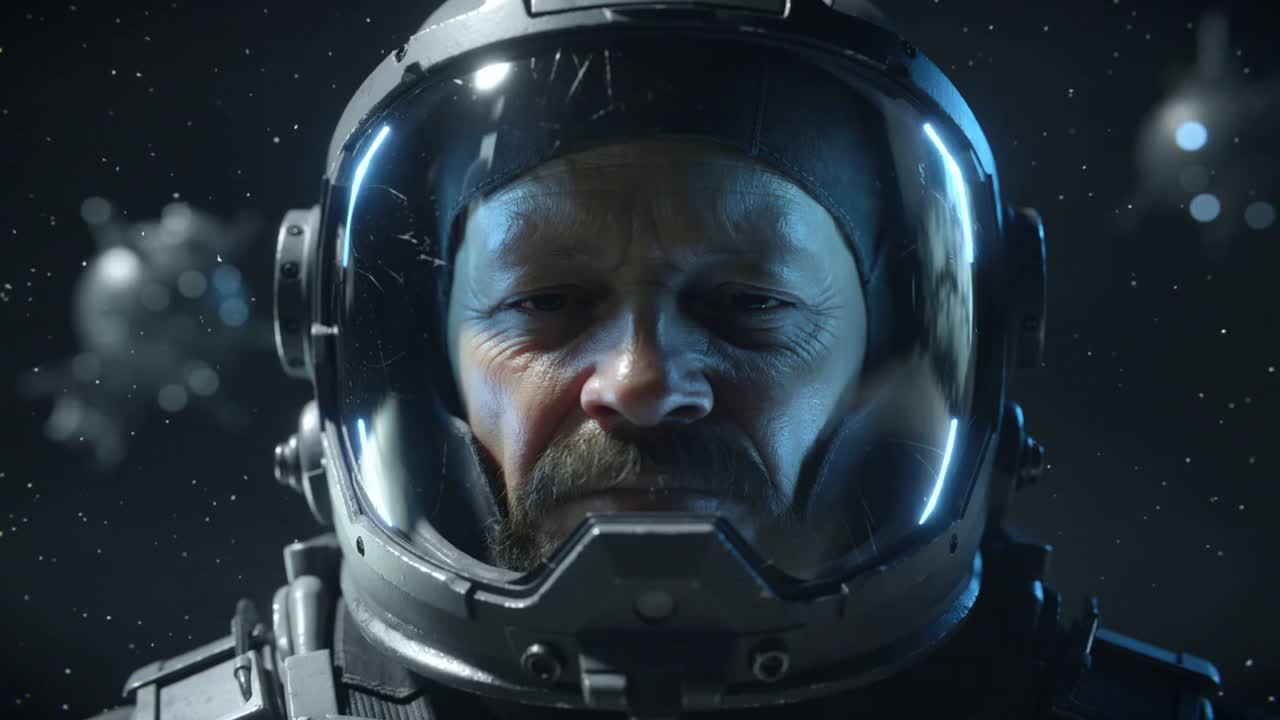 Astronaut med hjelm ånder ud og danner frost på visiret og skægget, der sender isflager ud i rummet