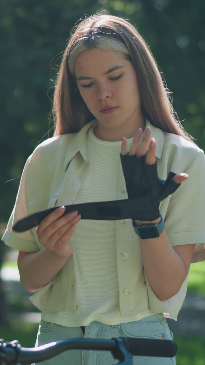 Young woman standing beside bicycle, carefully adjusting biker glove with focused expression, as sunlight filters gently through trees in blurred background