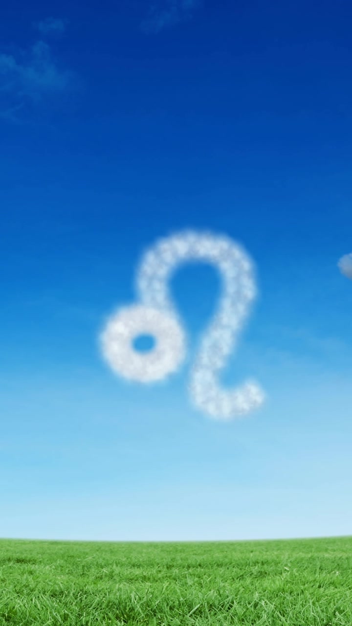 Animation of leo star zodiac sign formed with white clouds on blue sky over meadow