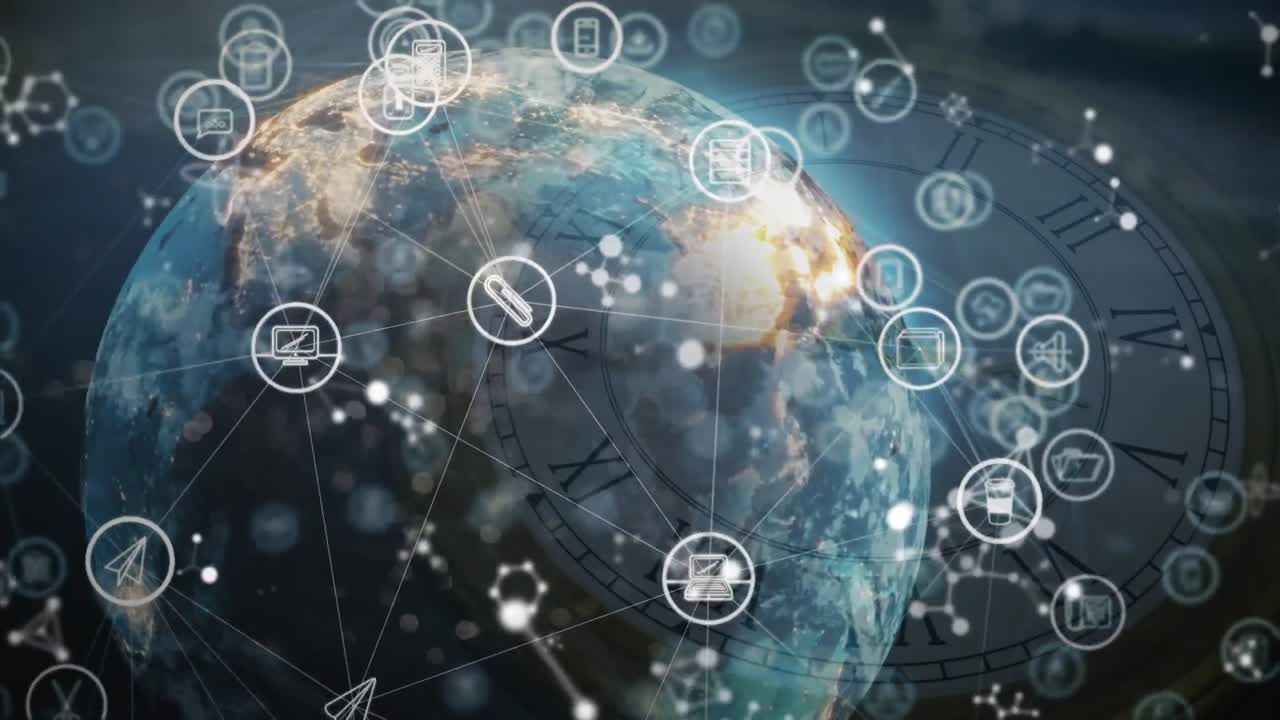 animación de la red de conexiones con iconos, globos y moléculas durante el reloj