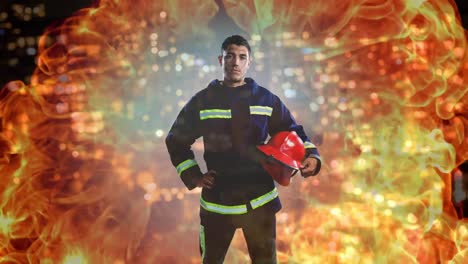 Animation-of-biracial-male-firefighter-over-fire-and-cityscape