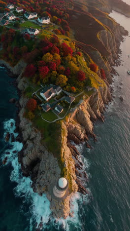 lighthouse on a clifftop island at sunset