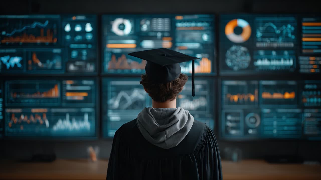Un laureato analizza visualizzazioni di dati su più schermi, incarnando l'intersezione tra istruzione e tecnologia nell'odierno panorama digitale