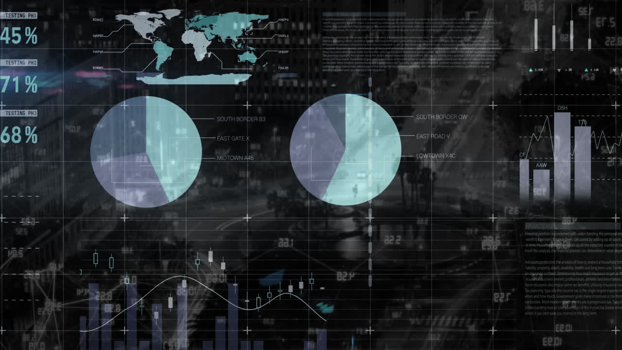animación del procesamiento de datos financieros sobre el paisaje urbano