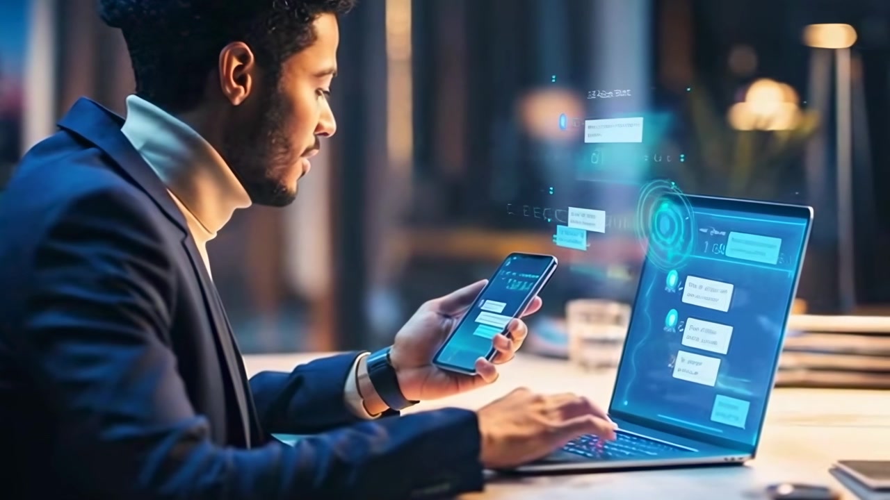 Professional Man Using Laptop and Smartphone with Digital Interface