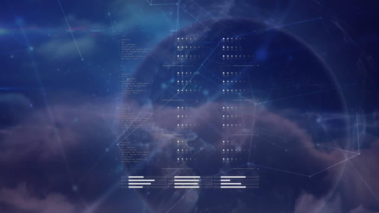 Animation of networks of connections and data processing over globe and sky
