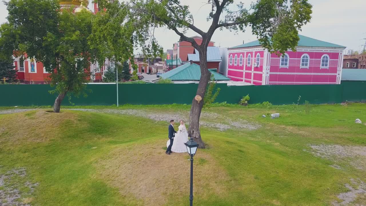 sólo una pareja casada baila cerca de un árbol en el parque a vista de pájaro.