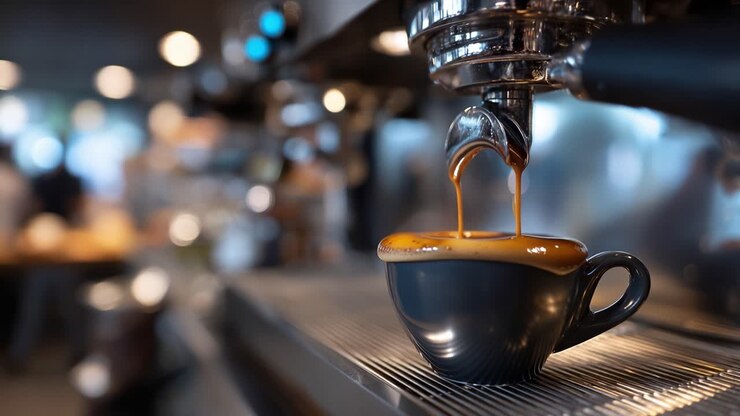 Coffee pours into a dark cup. Steam rises gently from the espresso stream. Barista's hands unseen, focus on the pour. Cafe atmosphere buzzes softly in background blur