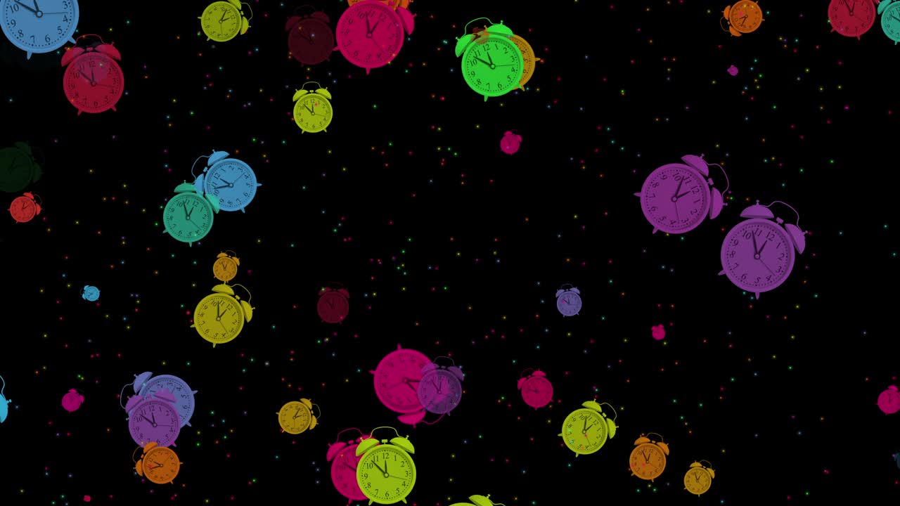 reloj de despertador volador con bucle abstracto de 4k, fondo negro