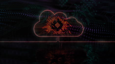 Animation of cloud icon with computer circuit board over spots on black background