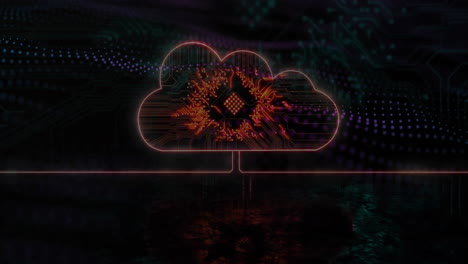 animation of cloud icon with computer circuit board over spots on black background