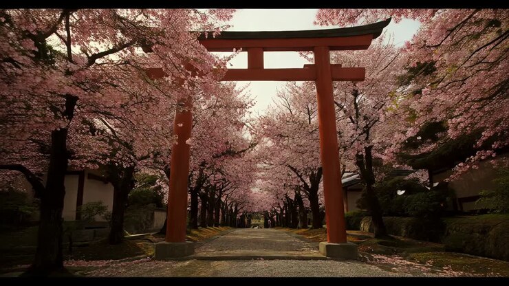 Petali trasportati dal vento, angolazione della camera che mostra alberi di ciliegio ad arco sopra un sentiero di pietra che oltrepassa un torii rosso