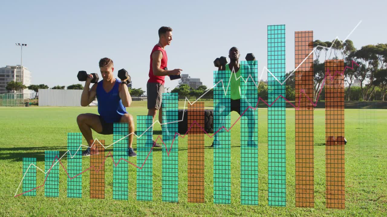 Trainer checking phone causing data bars rising while pair doing fitness squats and presses