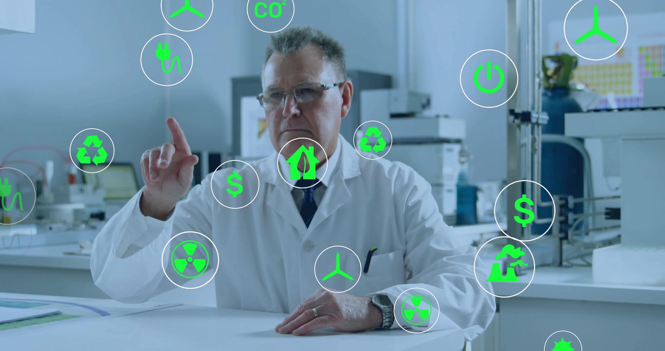 Chercheur principal sélectionnant des icônes d'énergie flottantes apparaissant et configurant des options d'énergie renouvelable.