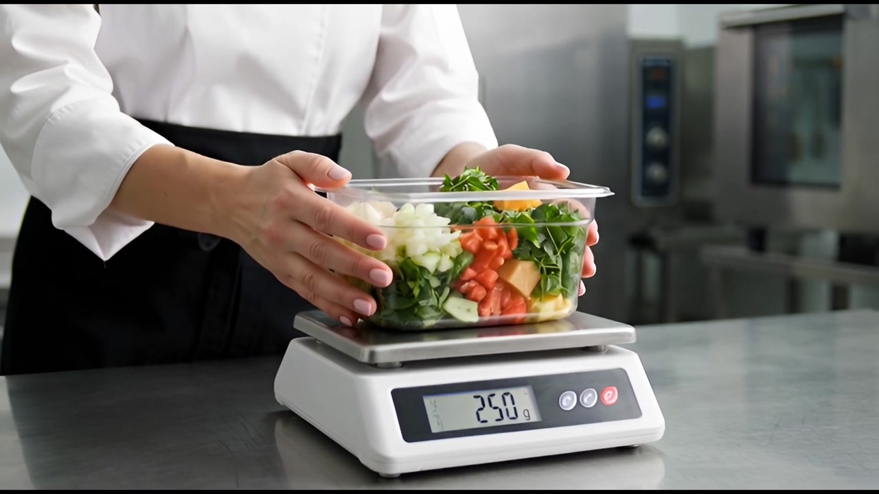 Chef Weighing Fresh Chopped Vegetables on Digital Kitchen Scale