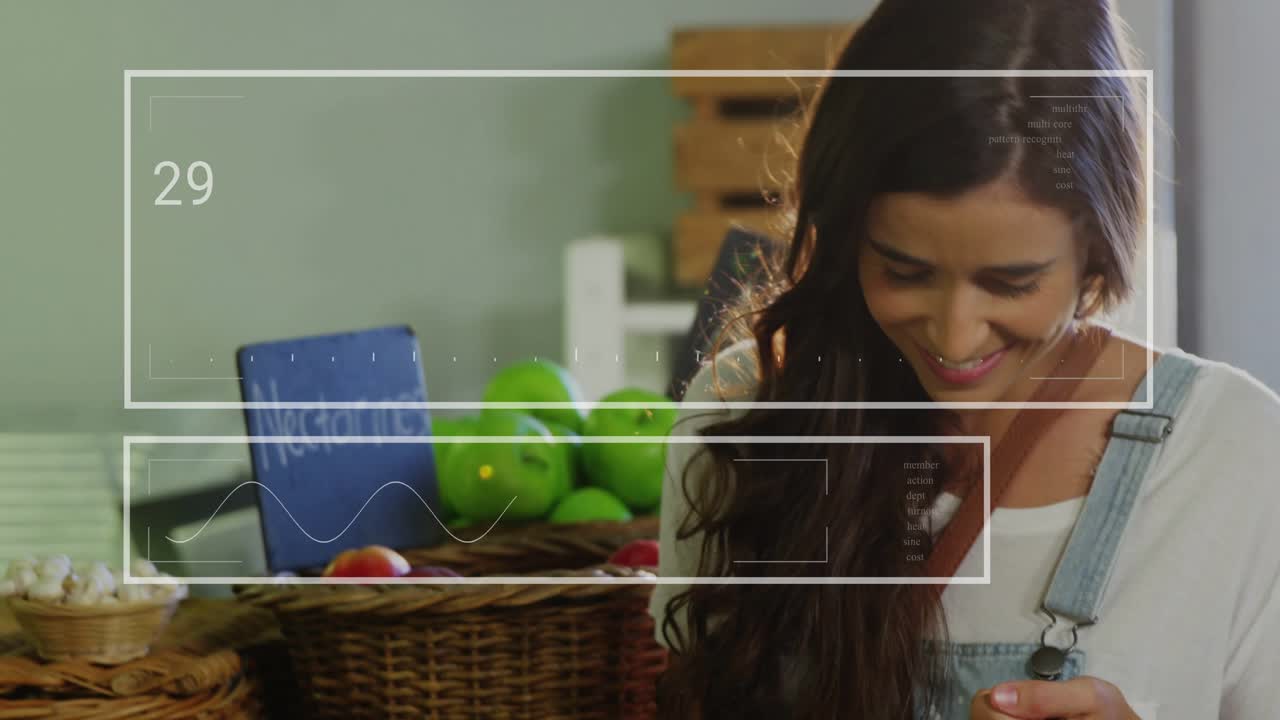 Vendor shifting gaze as woman approaches stall, buying produce while UI boxes updating above them