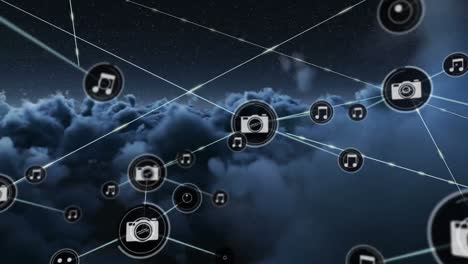Animation-of-network-of-digital-icons-against-dark-clouds-in-the-sky