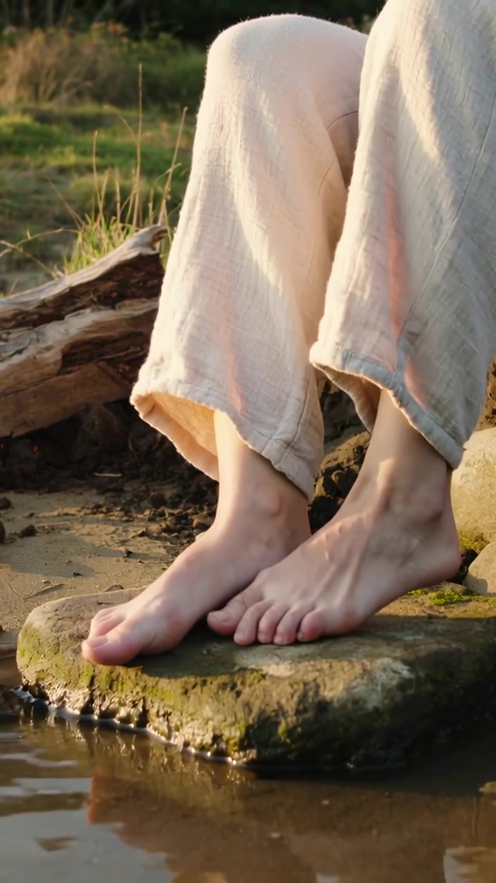 Vertical video: Toes curling, legs and bare feet touching pond water on mossy stone in loose pants