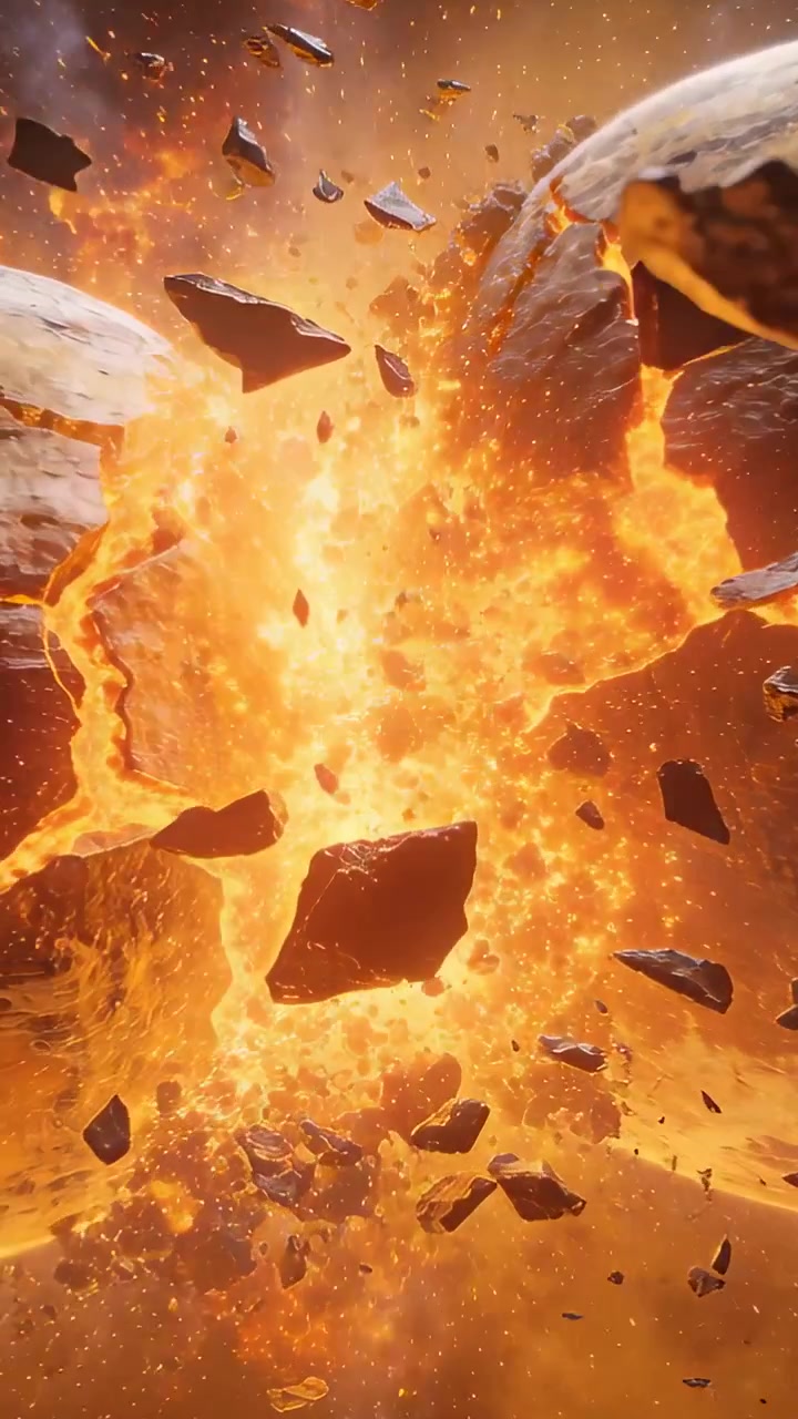 Video verticale: Asteroide che si frantuma dopo una crepa nel nucleo, espellendo fessure fuse, pennacchi e frammenti nello spazio.